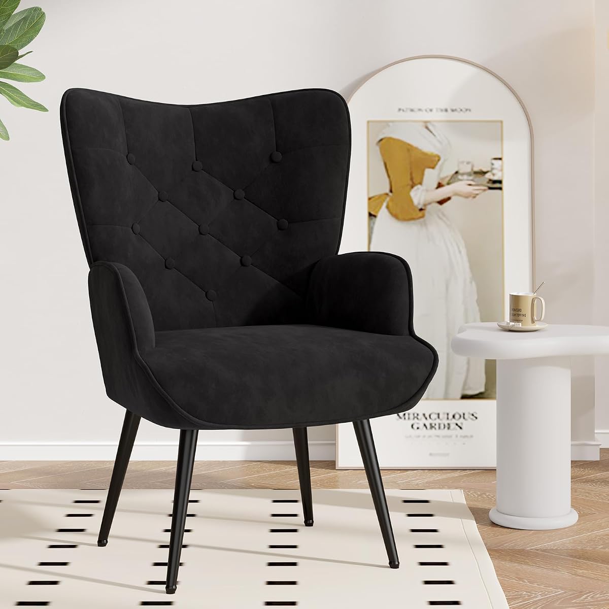 Mid Century Modern Accent Chair, Velvet Upholstered Armchair with Metal Legs, Tufted Button Wingback Side Chair, High Back Reading Chair for Living Room Bedroom, Black