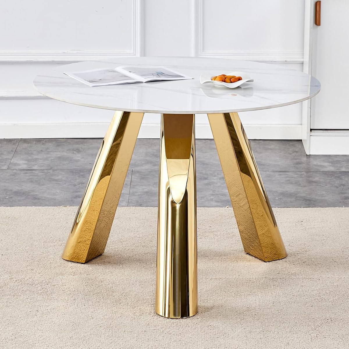 42" Luxury Sintered Stone Table: 0.45" Top + 6" Steel Legs, 350lb Capacity, Stain,Heat Resistant White,Gray Veined Design