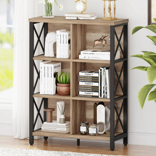 Bookcase, 6 Cube Storage Organizer Shelf, Wood and Metal Cubby Book Shelf, Industrial 4 Tier Cube Bookshelf (Rustic Oak)