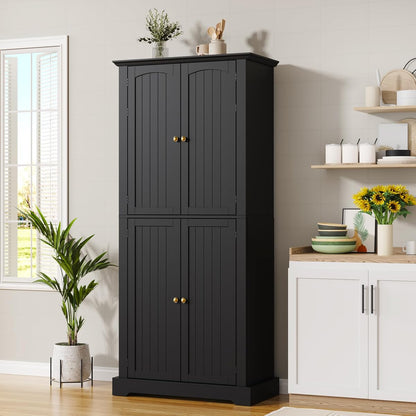 Black farmhouse pantry cabinet with hanging shelves
