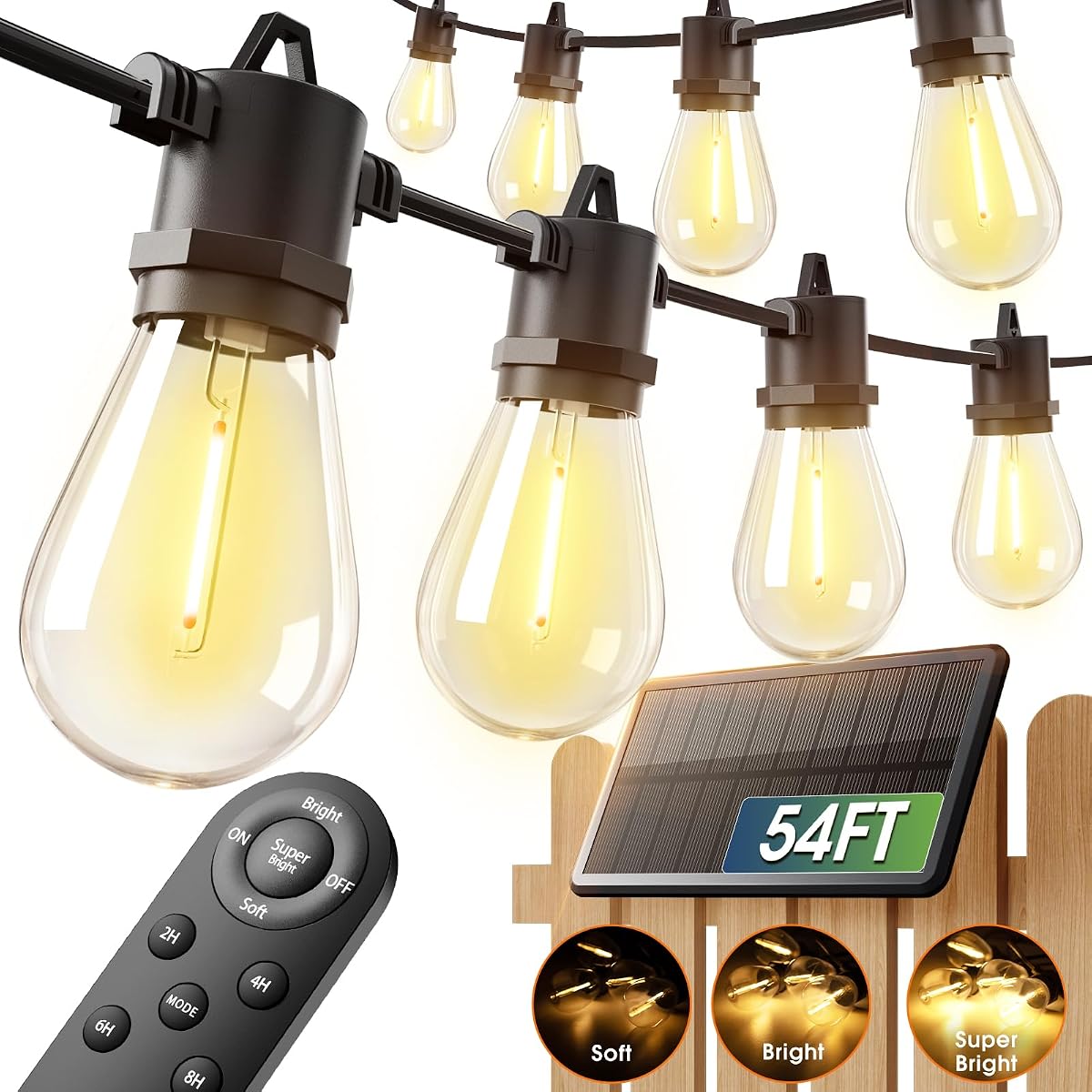 54FT Solar String Lights Outdoor Waterproof with USB Charging & Remote Control
