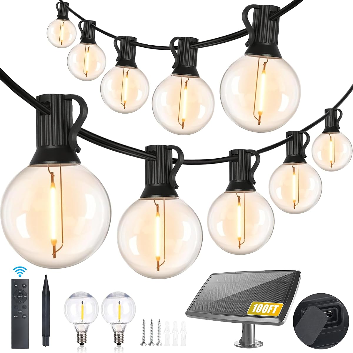 Yusist 100FT Solar String Lights Outdoor Waterproof with Remote, G40 Solar Powered String Lights with 30+2 LED Shatterproof Bulbs, Dimmable Solar Patio Hanging Lights for Outside Backyard Party