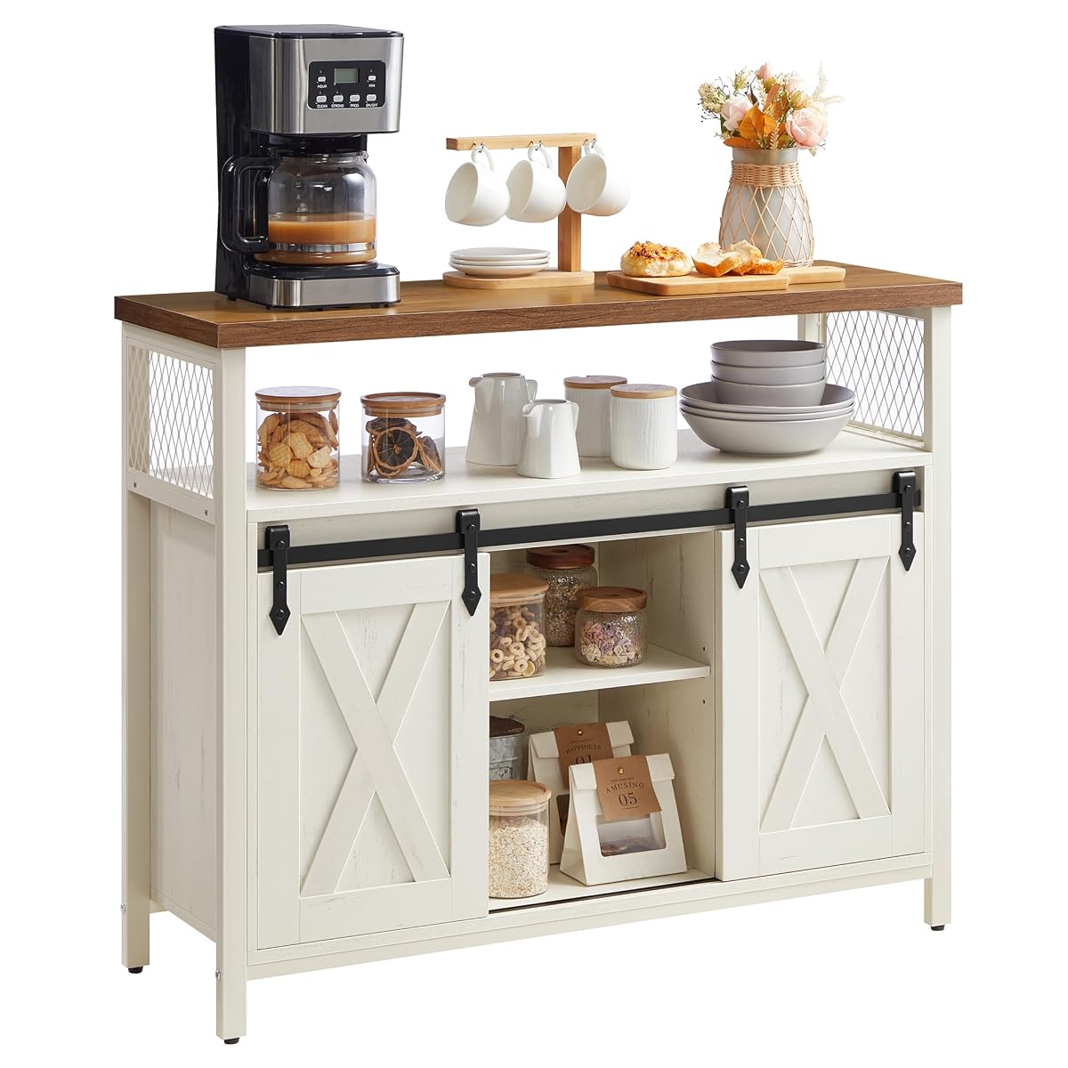 Buffet Cabinet, Coffee Bar with 2 Sliding Barn Doors