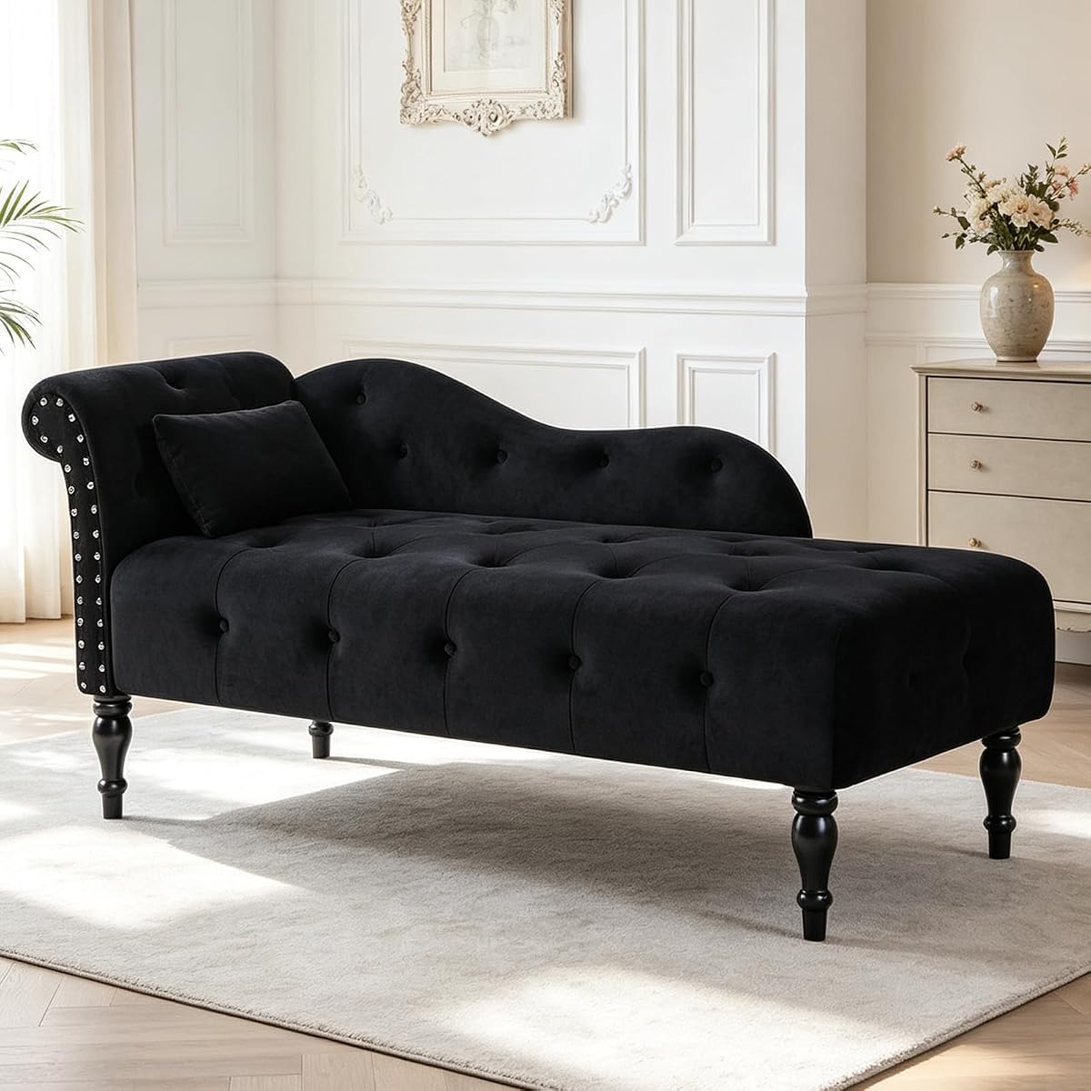 Velvet Upholstered Chaise Lounge Chair Indoor with Pillow