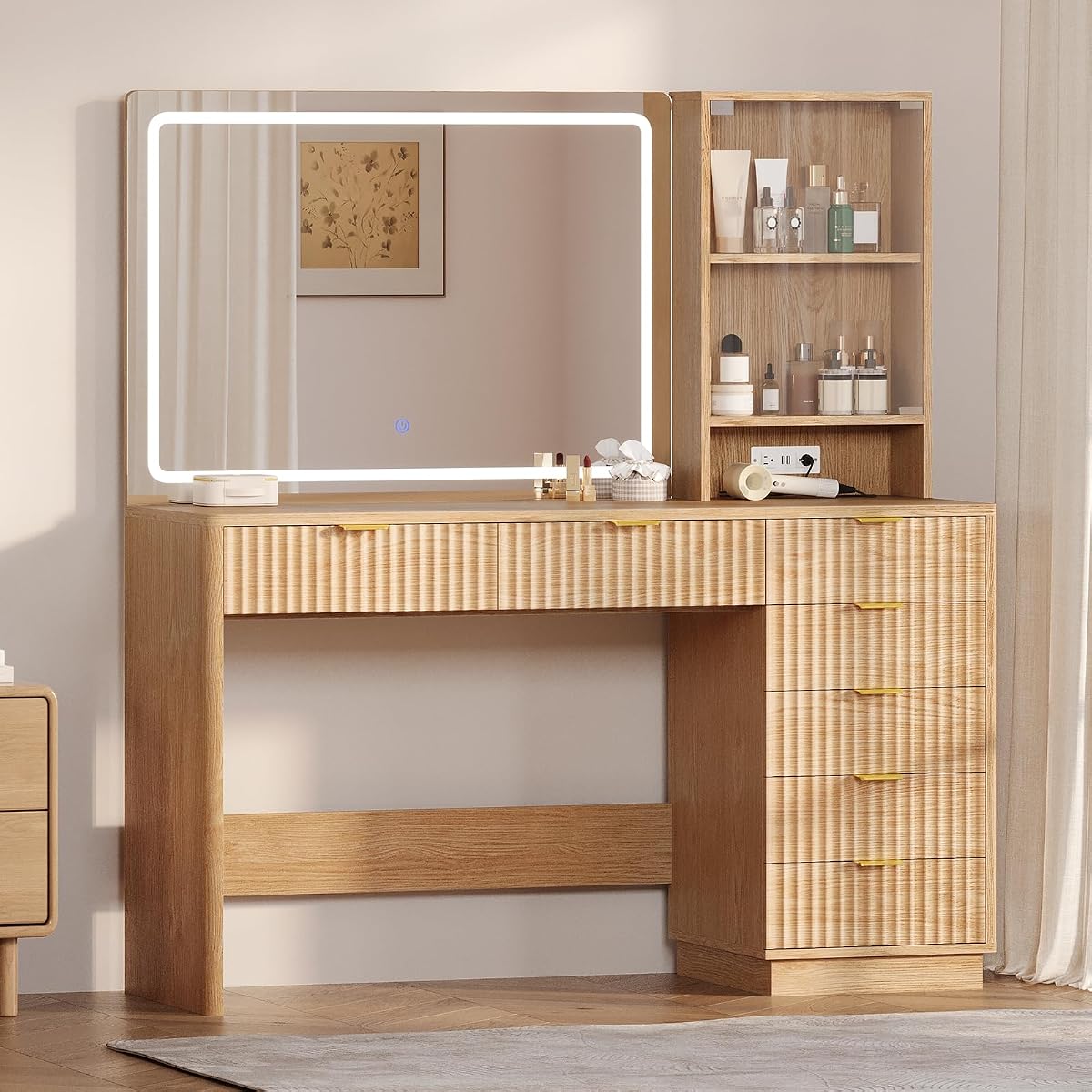 Fluted Vanity Desk with Large Mirror,Lights,Charging Station, Oak