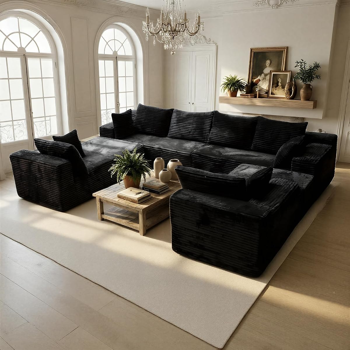 139'' U Shaped Sectional Couches for Living Room, 8 Seater Faux Fur Modular Boneless Cloud Sofa with Chaise Lounges, 4-in-1 Flexible Combination Deep Seat Corner Large Couch,No Assembly Black