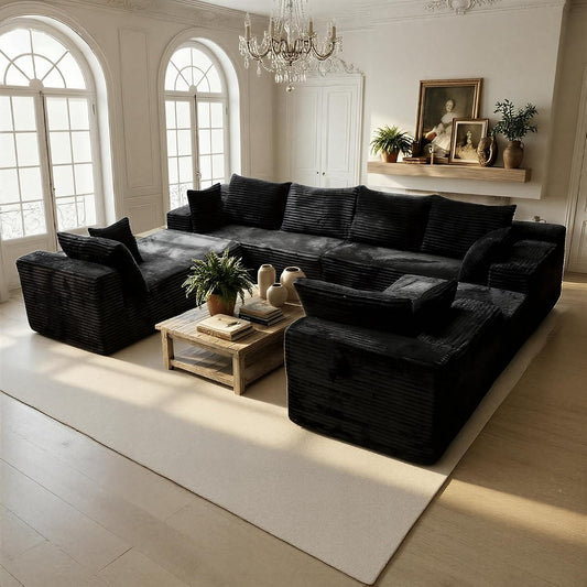 139'' U Shaped Sectional Couches for Living Room, 8 Seater Faux Fur Modular Boneless Cloud Sofa with Chaise Lounges, 4-in-1 Flexible Combination Deep Seat Corner Large Couch,No Assembly Black