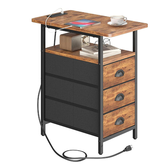 End Table with Charging Station, Side Tables Livingroom with USB Ports and Outlets,Narrow Nightstands Bedside Tables with 3 Drawers for Small Space,Slim Sofa Table Bedroom,Rustic Brown