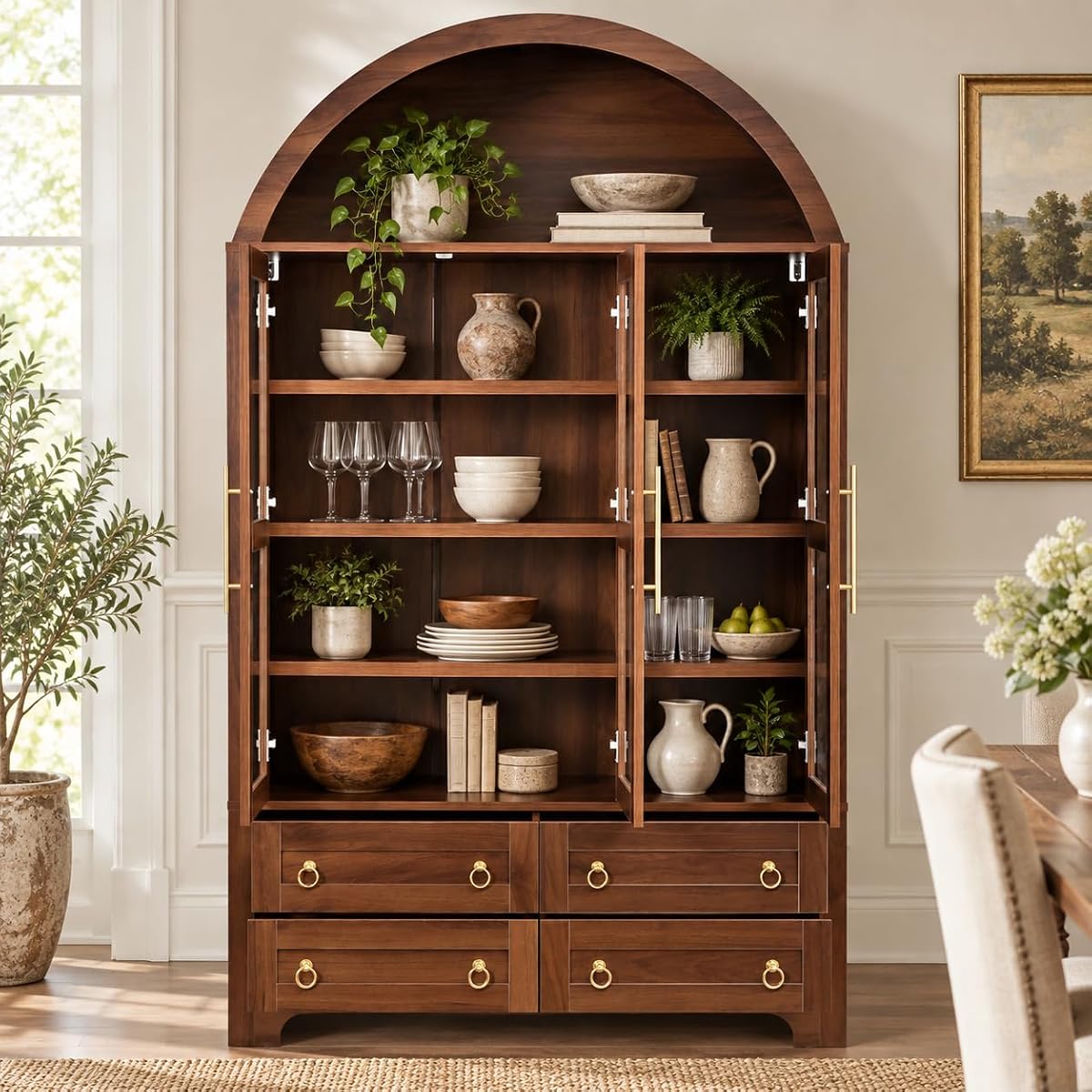Arched Pantry Cabinet with Glass Doors and Adjustable Shelves