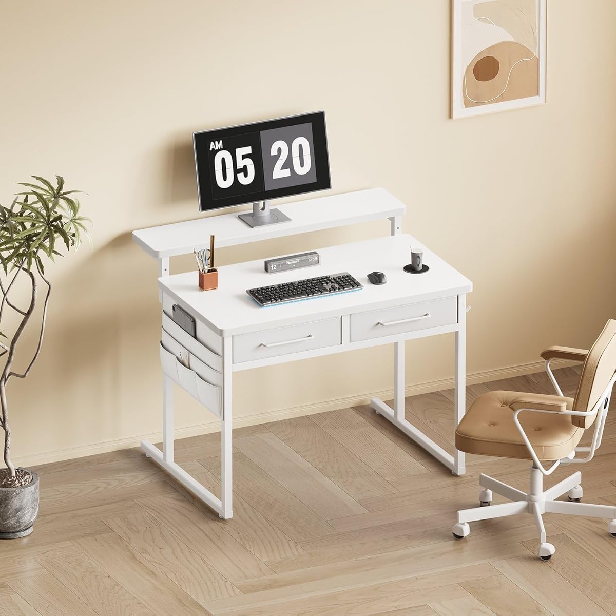 Small desk with Drawers, 31.5X15.8-22.9 Inches Office Computer Desk with Side Pocket & Ergonomic Adjustable Monitor Stand, Writing Table for Small Spaces, Kids desk, vanity desk Bedroom, White
