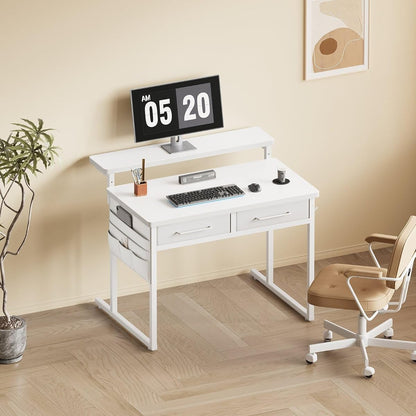 Small desk with Drawers, 31.5X15.8-22.9 Inches Office Computer Desk with Side Pocket & Ergonomic Adjustable Monitor Stand, Writing Table for Small Spaces, Kids desk, vanity desk Bedroom, White