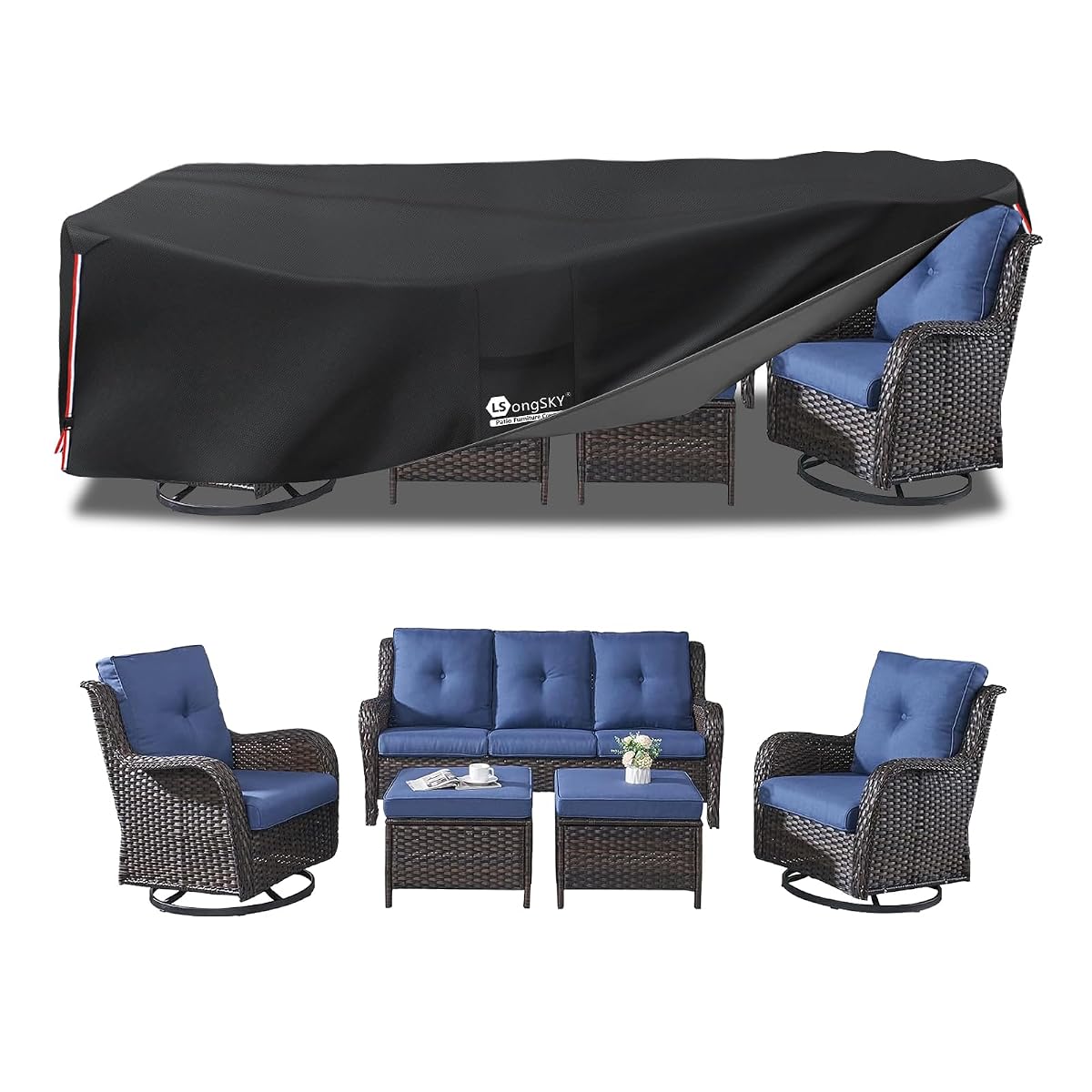 Outdoor Furniture Covers Waterproof,600D Heavy Duty Patio Furniture Covers for 6/7/8 PCS Sets Sectional Sofa Couch Rocking Swivel Chairs Ottomans Coffee Table,111L x 74W x 28H inch Black