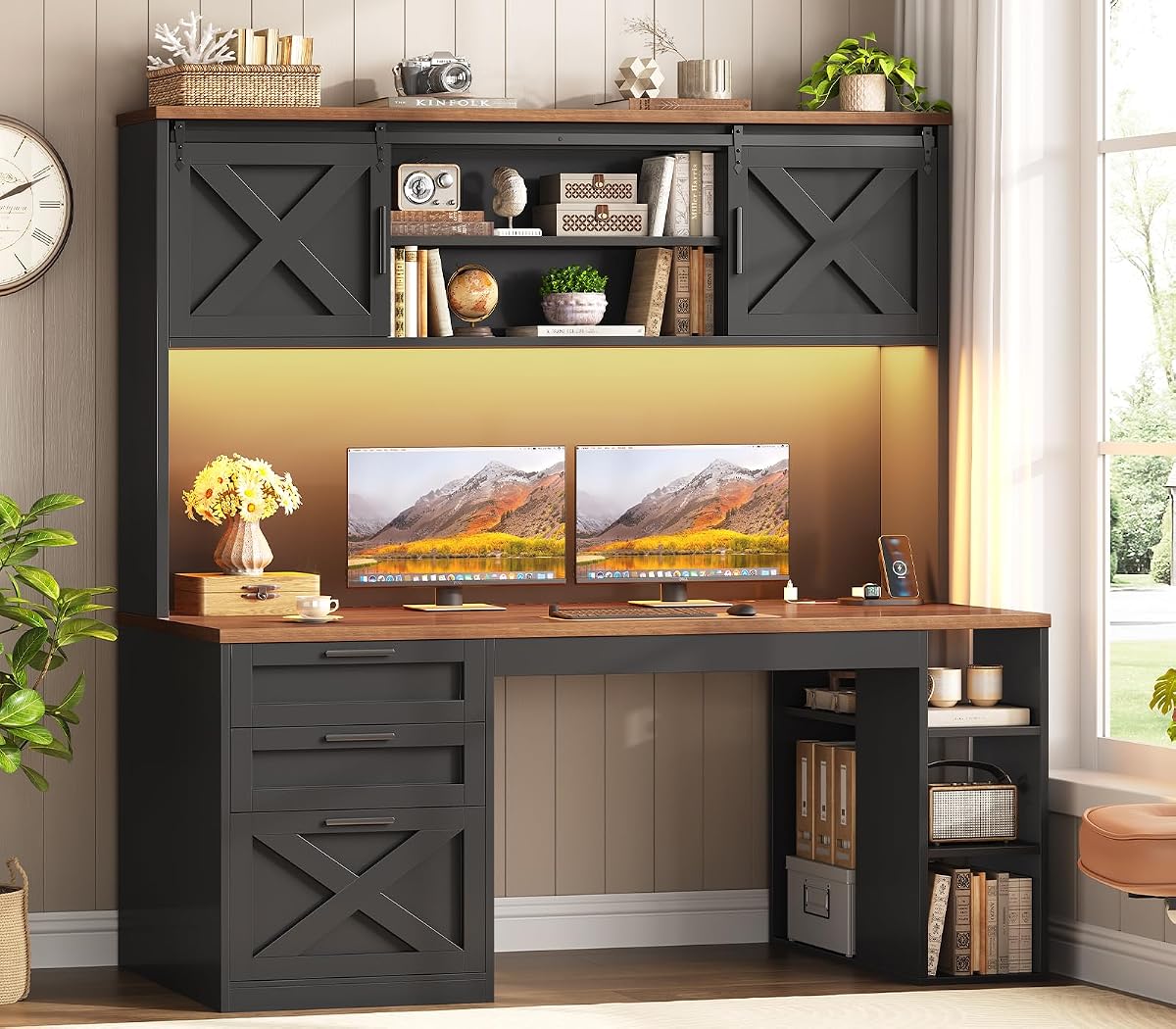 55.1" Farmhouse Desk with Hutch & 3 Storage Drawers