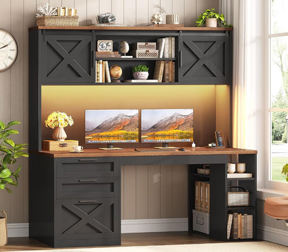 55.1" Farmhouse Desk with Hutch & 3 Storage Drawers