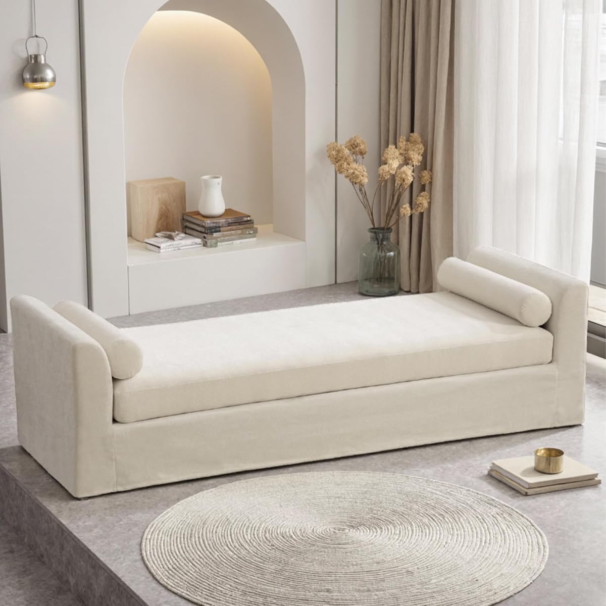 88.6" Beige Oversized Chaise Lounge Bench with 2 Headrest