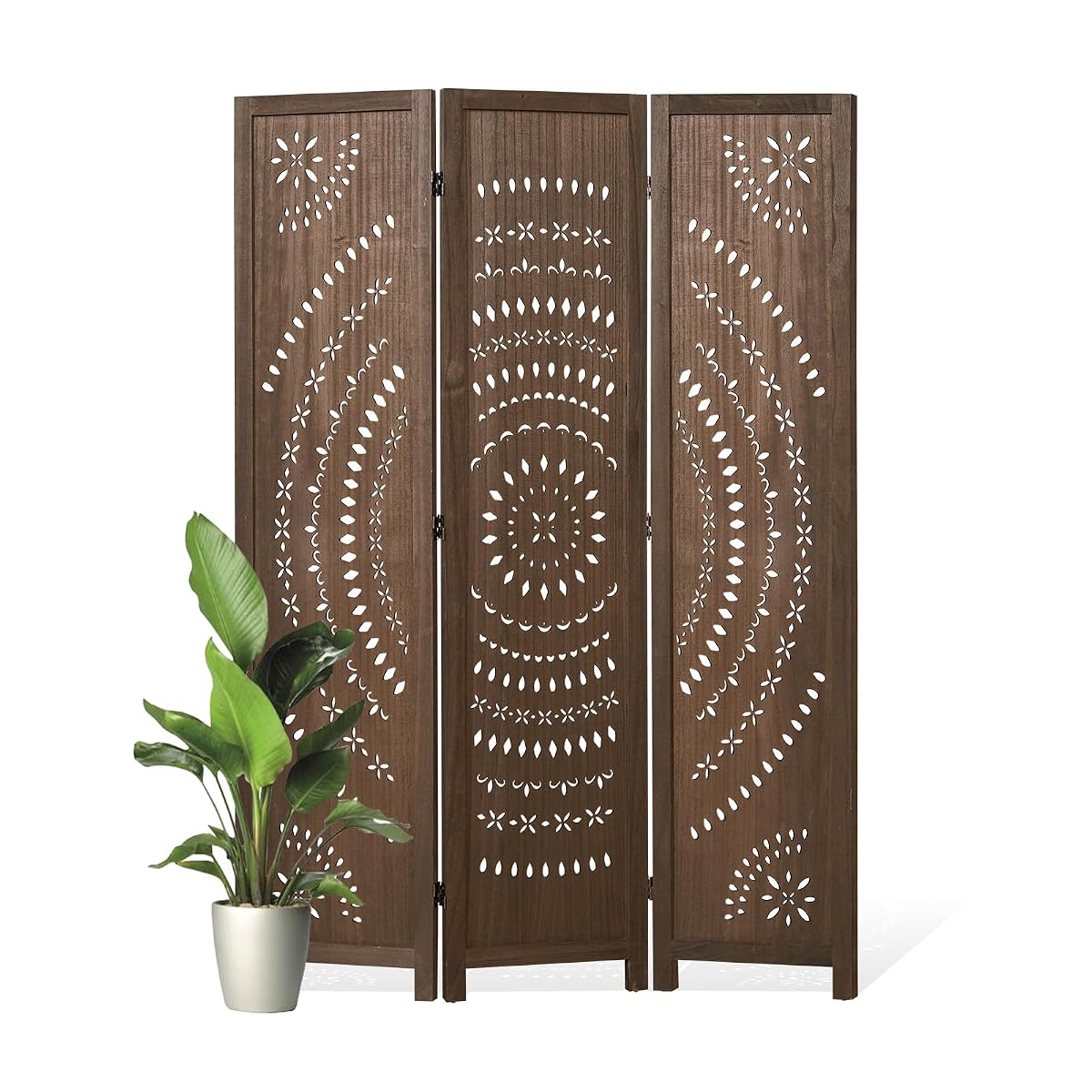 66.9Inch Folding Room Divider, 3 Panels Wood Carved Privacy Screens