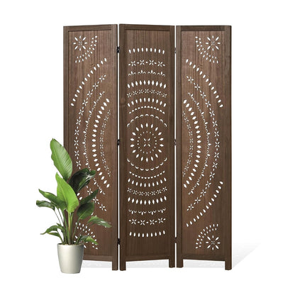 66.9Inch Folding Room Divider, 3 Panels Wood Carved Privacy Screens