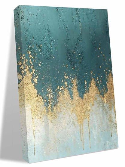 NuYeBiofx Abstract Teal Light Blue Color Block Canvas Wall Art Prints,48"x32" Framed Picture Artwork Modern Gold Splicing Art Printed Canvas Oil Painting for Living Room Bedroom Office,Ready to Hang