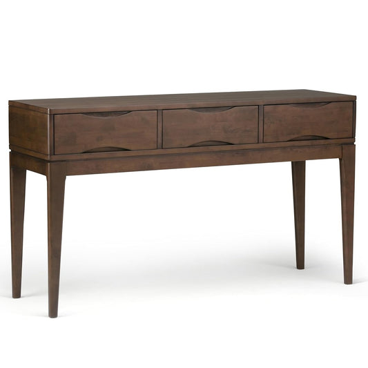 Harper Console Table - 54 Inch Wide Solid Hardwood Sofa Table in Walnut Brown, Mid-Century Modern Storage Table for Entryway or Living Room with 3 Drawers, Notched Handles, and Tapered Legs
