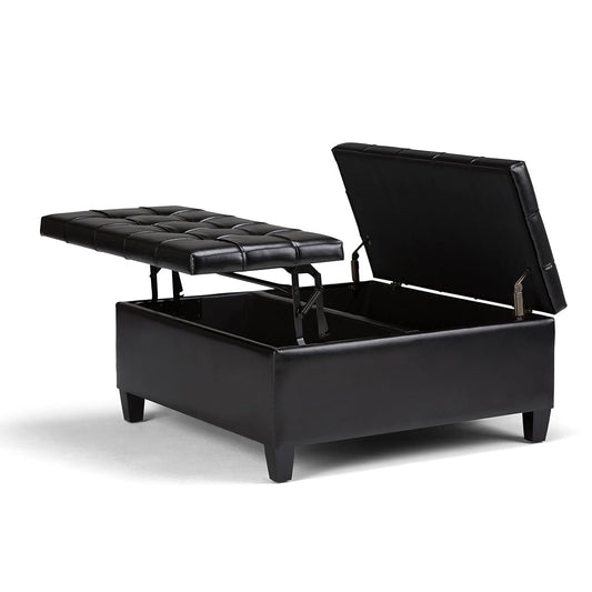 Harrison Coffee Table Storage Ottoman - 36 inch Wide Upholstered Vegan Leather Square Lift-Top Ottoman in Midnight Black, Transitional Ottoman for Living Room with Hidden Storage