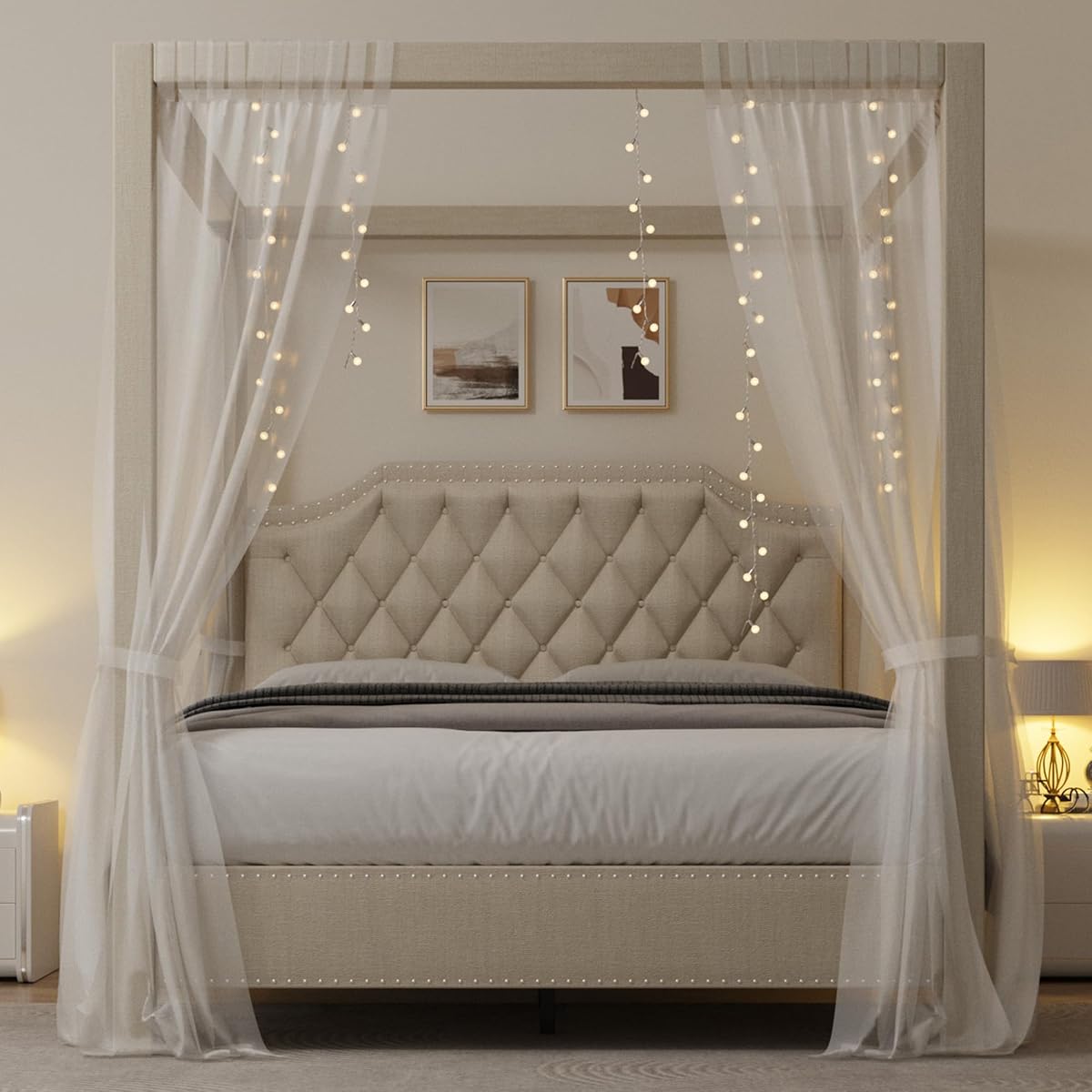 Upholstered Canopy Bed Queen Size with Button Tufted headboard