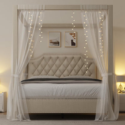 Upholstered Canopy Bed Queen Size with Button Tufted headboard