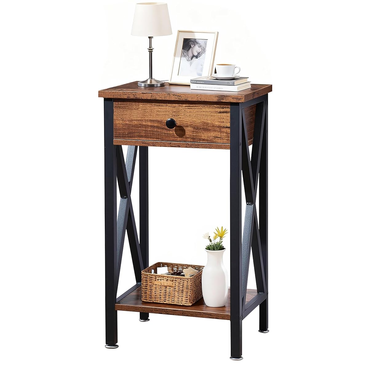 Modern Versatile Nightstands X-Design Side End Table with Storage Basket Night Stand Storage Shelf for Living Room Bedroom