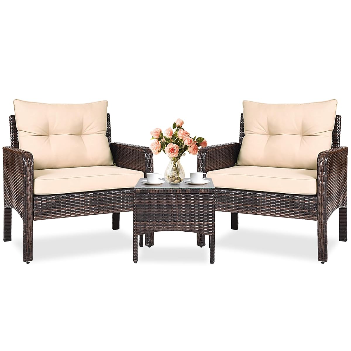 3 Piece Patio Furniture Set, Outdoor Wicker Conversation Bistro Set with 4 Cushions, All Weather PE Rattan Furniture Set for Garden, Backyard, Porch, Poolside (Beige)