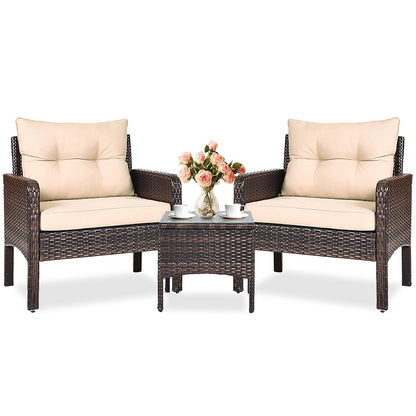 3 Piece Patio Furniture Set, Outdoor Wicker Conversation Bistro Set with 4 Cushions, All Weather PE Rattan Furniture Set for Garden, Backyard, Porch, Poolside (Beige)