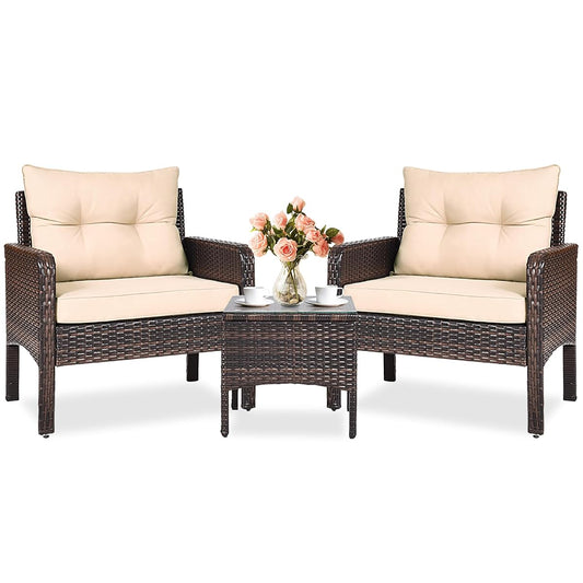 3 Piece Patio Furniture Set, Outdoor Wicker Conversation Bistro Set with 4 Cushions, All Weather PE Rattan Furniture Set for Garden, Backyard, Porch, Poolside (Beige)