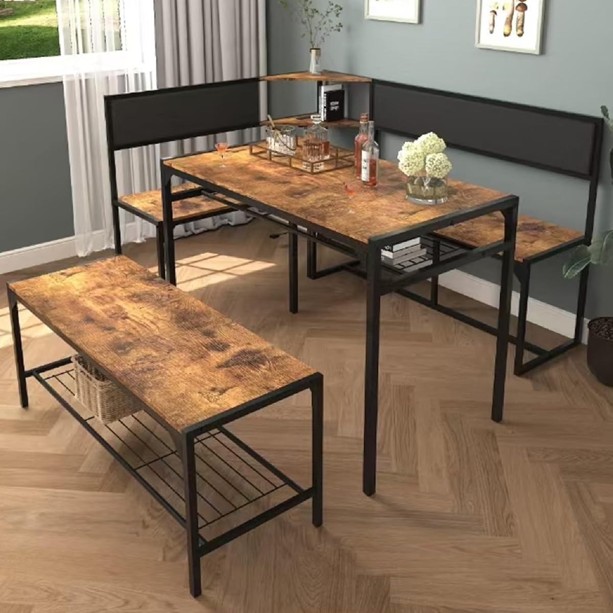 3-Piece Corner Dining Table Set for 4-6, Industrial Kitchen Table and Chair Sets with Storage & Bench, Farmhouse Rectangle Tables & L-shaped Seat for Living Room Breakfast Nook Restaurant, Brown