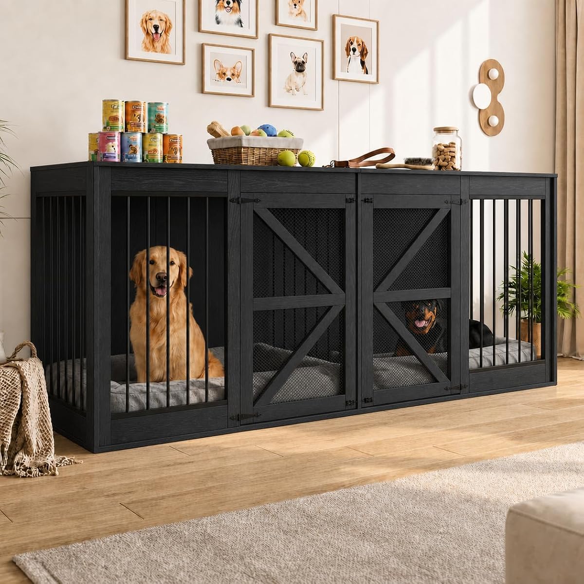 94.5'' Double Dog Crate, Dog Kennel Furniture, TV Stand, Black
