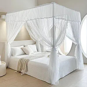 AIKASY 4 Corners Post Ruffle Princess Bed Canopy Curtain, view 2