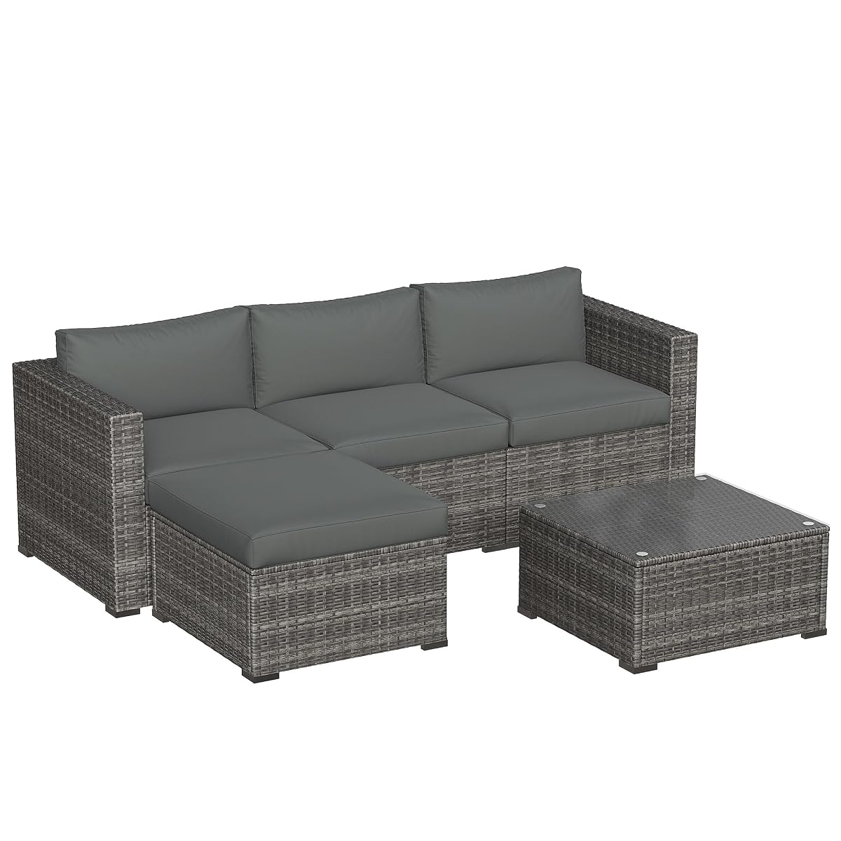 5 Piece Outdoor Patio Sectional Furniture Set, Weather Resistant Rattan Outside Couch, Waterproof Conversation Sofa for Balcony, Porch, Backyard, Deck, Garden, Grey