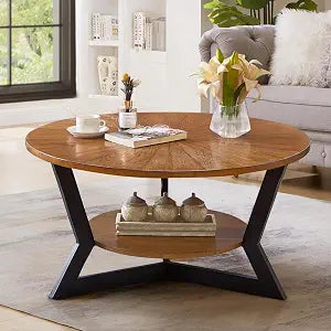 Round Coffee Table, Solid Wood Circle Coffee Table with 2-Tier Storage, view 2
