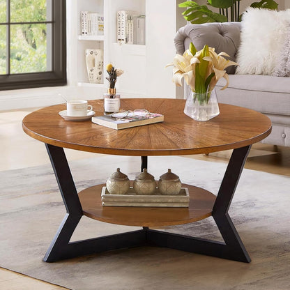 Round Coffee Table, Solid Wood Circle Coffee Table with 2-Tier Storage