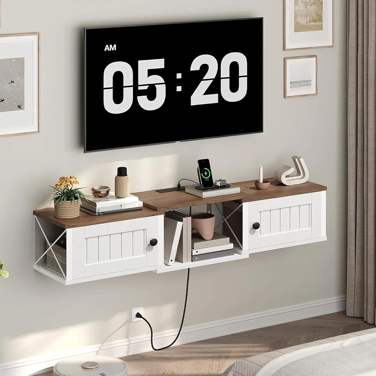 Farmhouse Floating TV Stand with Power Outlet
