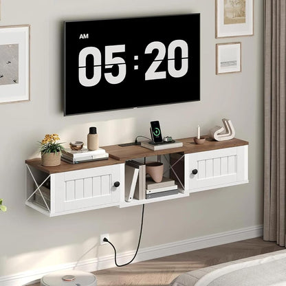 Farmhouse Floating TV Stand with Power Outlet