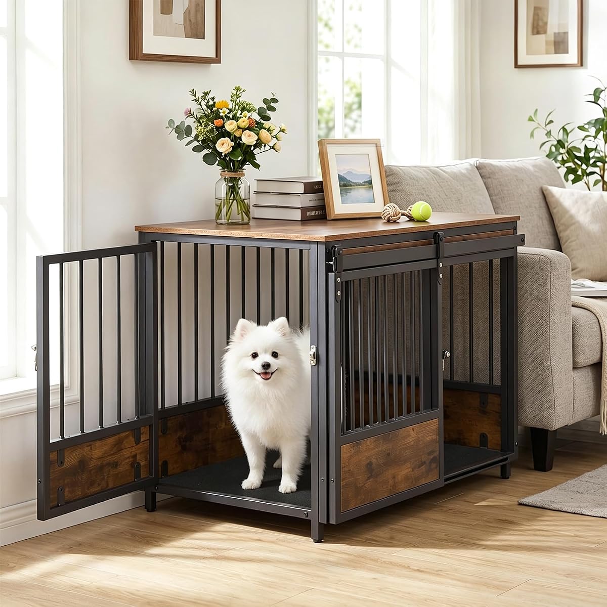 Dog Crate Furniture with 2 Doors, 32.5" Wooden Kennel with Mat
