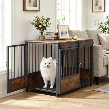 Dog Crate Furniture with 2 Doors, 32.5" Wooden Kennel with Mat