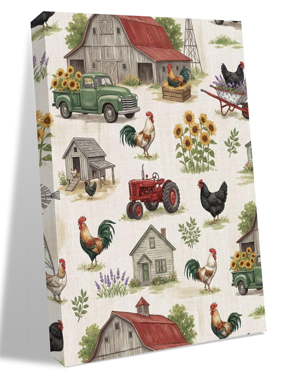 NuYeBiofx Rustic Chicken Truck Sunflower Canvas Wall Art Prints,40"x28" Framed Picture Artwork Country Vintage Farmhouse Theme Printed Canvas Oil Painting for Living Room Bedroom Office,Ready to Hang