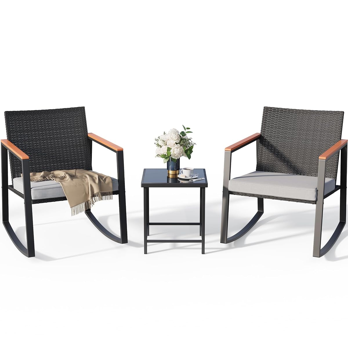 3 Pieces Rocking Patio Bistro Set with Anti-Scald Armrest, Outdoor Patio Wicker Furniture Set with Glass Table and Cushion for Garden, Yard, Porch