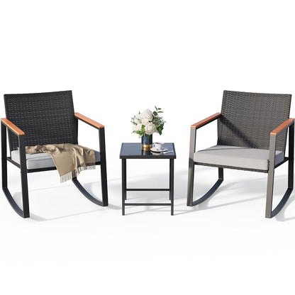 3 Pieces Rocking Patio Bistro Set with Anti-Scald Armrest, Outdoor Patio Wicker Furniture Set with Glass Table and Cushion for Garden, Yard, Porch
