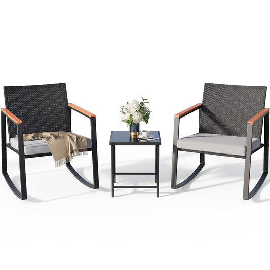 3 Pieces Rocking Patio Bistro Set with Anti-Scald Armrest, Outdoor Patio Wicker Furniture Set with Glass Table and Cushion for Garden, Yard, Porch