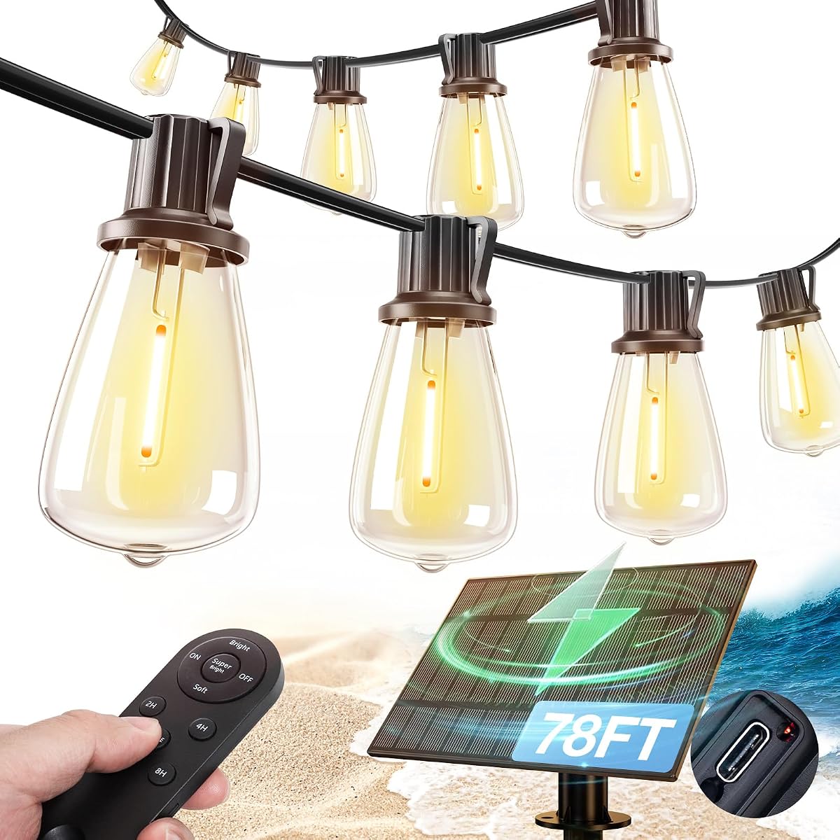 78FT(72+6) Solar String Lights Outdoor, Waterproof Solar Powered Outside Lights with Remote & USB Port, ST38 LED Shatterproof Bulbs, Dimmable Solar Light for Camping Backyard Porch