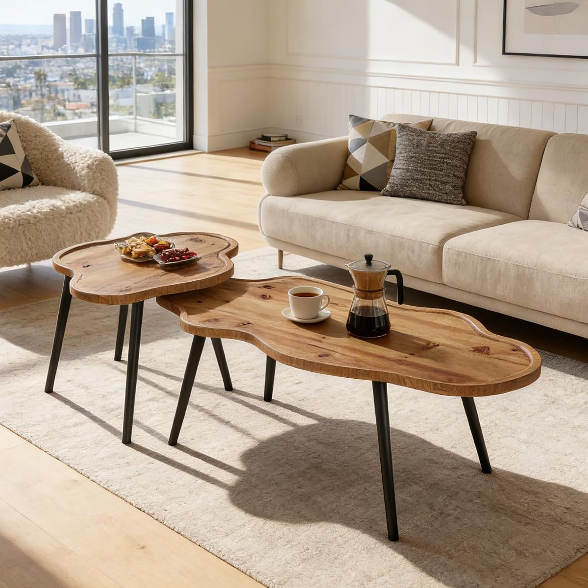 Nesting Coffee Table Set of 2, Solid Wood Coffee Tables with Cloud Tabletop, Stacking Accent Tables with Adjustable Non-Slip Feet for Living Room, Bedroom & Small Space, Rustic Brown