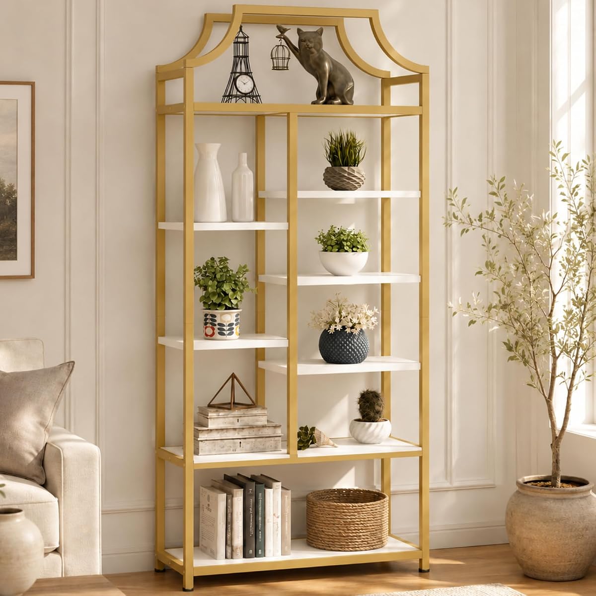 8-Tier Open Shelf Bookcase, 70.87"H x 31.5"L Lux Etagere Bookshelf, Modern Display Shelf with Gold Metal Frame & White Shelves,Tall Storage Display for Bedroom, Home Office & Living Room (Gold)