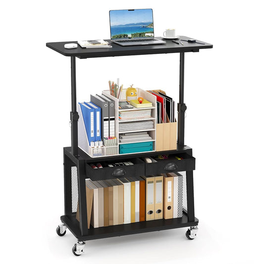 Height Adjustable Standing Desk on Wheels with Drawer, computer desk Black
