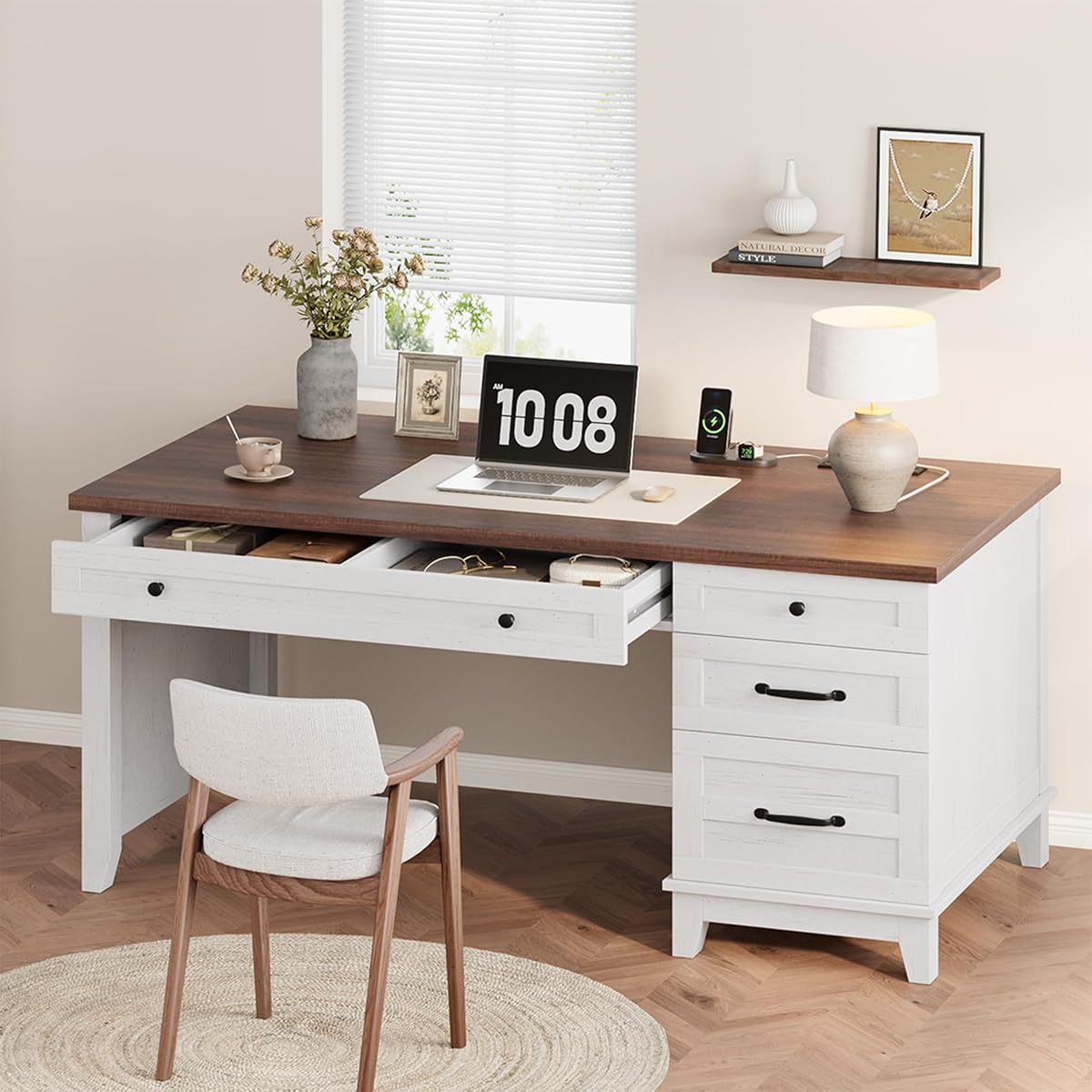 53.5" Executive Desk with Power Outlet, Home Office Desk with Drawers