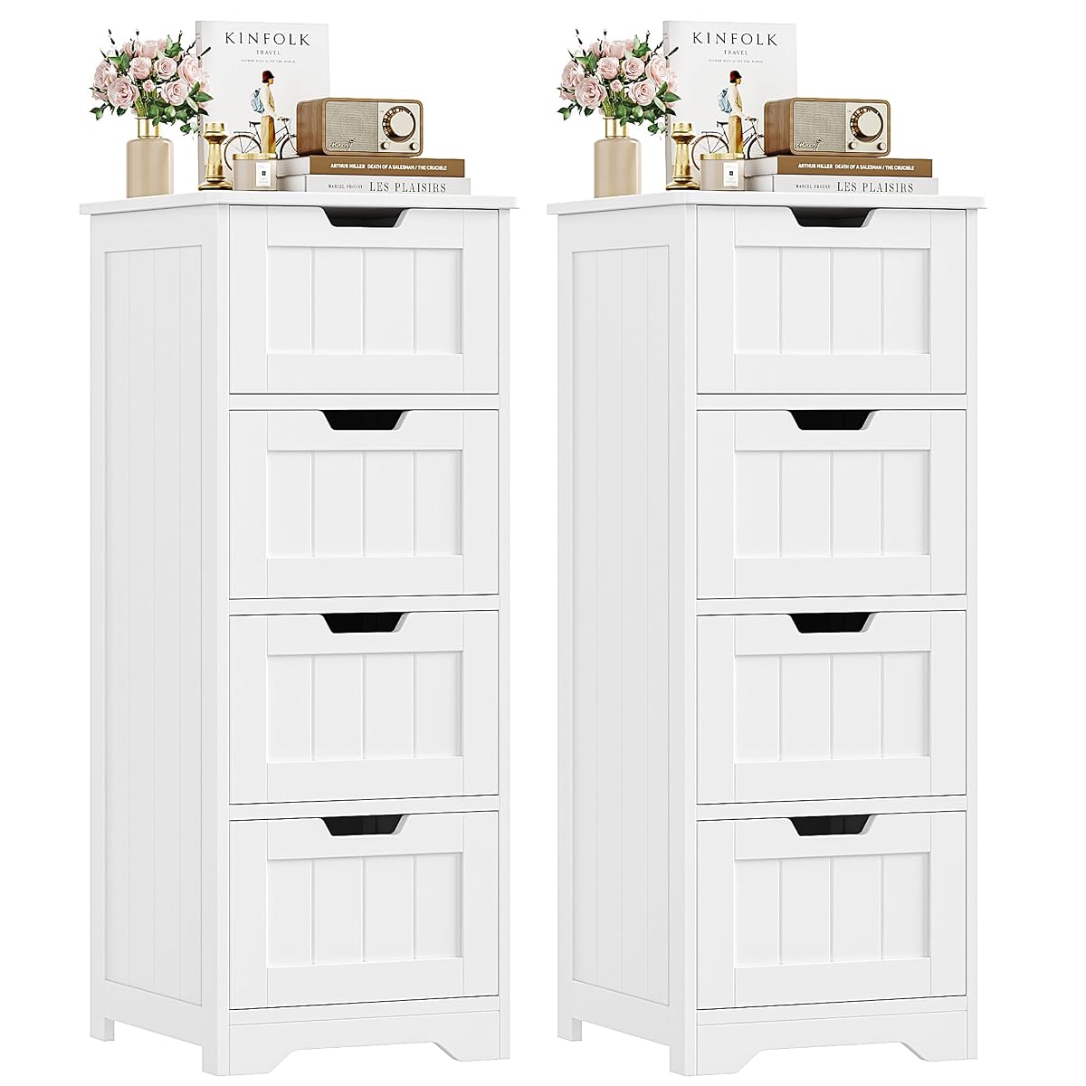 Bathroom Storage Cabinet, Set of 2, Bathroom Cabinet with 4 Drawers, 11.8” x 11.8” x 32.5” Freestanding Entryway Cupboard Storage Organizer Unit Home Furniture Decor, White